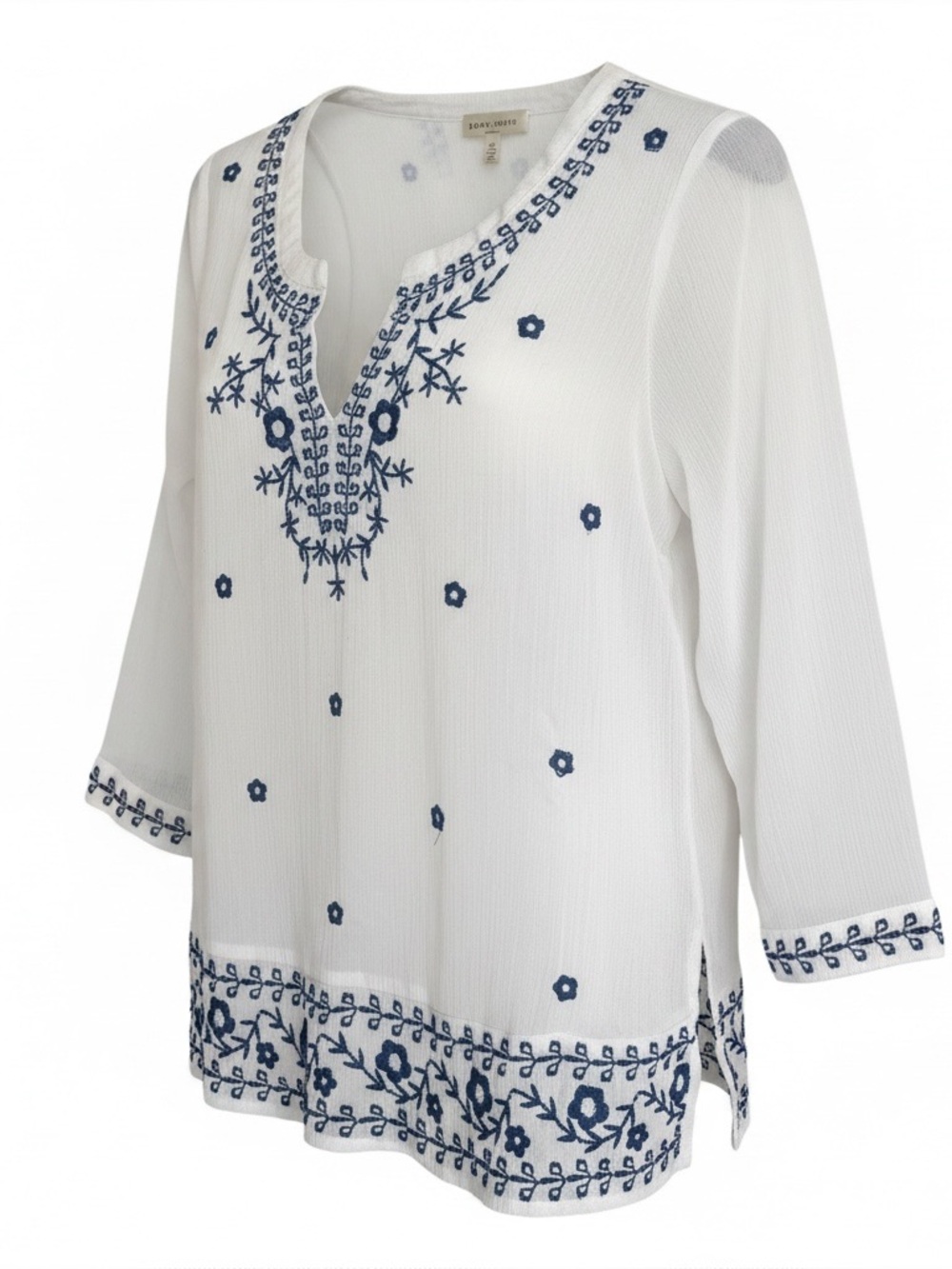Lucky Brand White Blue Embroidered Boho Peasant Top Small Coastal Cottagecore